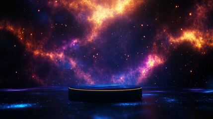 Poster - Futuristic abstract background with podium against vibrant cosmic scene for design and display