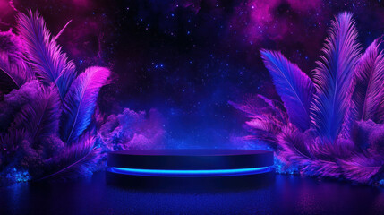 Poster - Futuristic neon podium in abstract space scene for display design