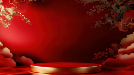 Poster - Elegant red background with lacquered podium for display and design concepts