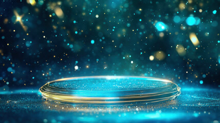 Poster - Futuristic abstract scene showcasing a glass podium with sparkling lights for creative designs