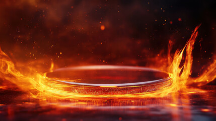 Poster - Futuristic glass podium in fiery abstract setting for modern design concepts