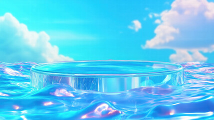 Poster - Abstract ocean scene with glass podium and cloudy sky for creative design