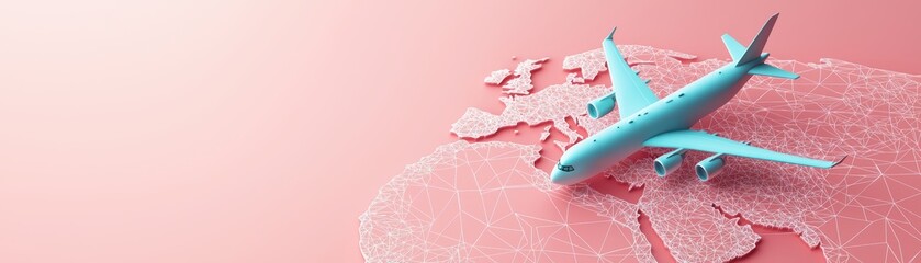 Poster - Soft Pastel 3D Airplane Concept on Map Surface Representing Global Shipping Network