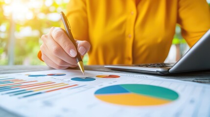 Poster - Professional Business Analysis Concept with Charts and Data on a Table at Sunrise