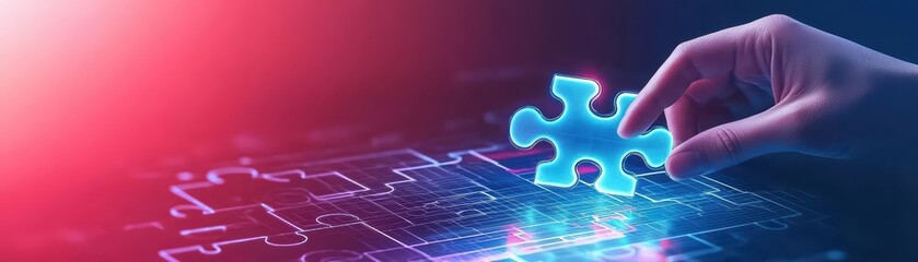 Poster - Futuristic Concept of Digital Collaboration with Holographic Puzzle Piece in Virtual Environment
