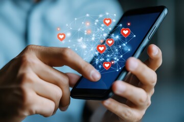 Poster - close-up of hands using smartphone for digital communication concept with heart symbols floating