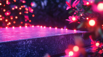Poster - Abstract concrete podium with glowing floral lights for modern design