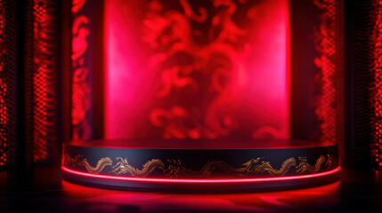 Poster - Elegant dragon-themed podium with red and black abstract background for event display