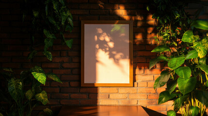 Poster - Wooden frame with textured surface hanging on brick wall surrounded by greenery