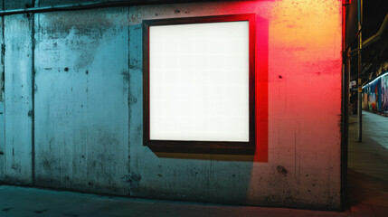 Poster - Urban setting with illuminated wooden frame on a concrete wall at night