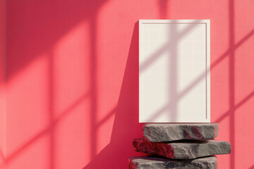 Poster - Minimalist white frame on stone stack against pink background for modern interior design