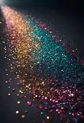 Poster - Iridescent glitter cascade with rainbow shimmer on a dark surface backdrop