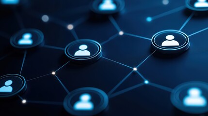 Poster - Abstract Digital Global Communication Concept with Connected Nodes and User Icons on Dark Background