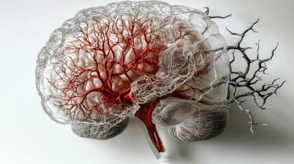 Poster - a detailed anatomical representation of a human brain, showcasing its intricate structure and vascul