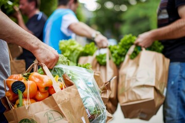 Poster - Volunteers drop off bags of groceries at a community food drive, A food drive event with people dropping off bags of groceries