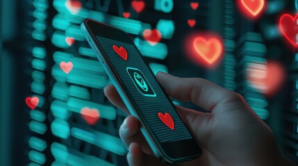Poster - Concept of Social Media Engagement with Hand Holding Smartphone Displaying Heart Icons