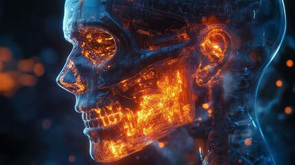 Poster - a glowing, futuristic depiction of a human skull and jaw, showcasing intricate details of the facial
