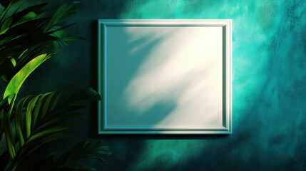 Poster - Elegant white frame on textured green wall enhanced by plant shadows for interior design inspiration