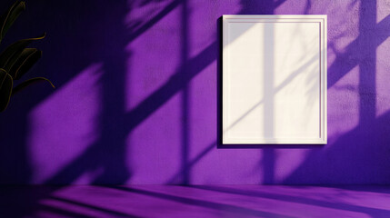 Poster - Minimalist white frame on deep purple wall with shadows for interior design inspiration
