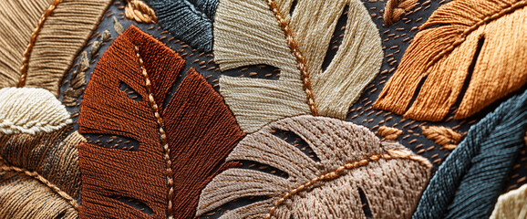 Aufkleber - Close-up of embroidered leaf pattern in brown, beige, and teal threads on dark fabric, showcasing intricate textile detail and natural motif, ideal for design inspiration