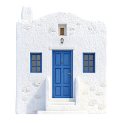 Aufkleber - Charming facade with blue door and windows against a white textured wall. Evokes a classic architectural style, full of character and charm.