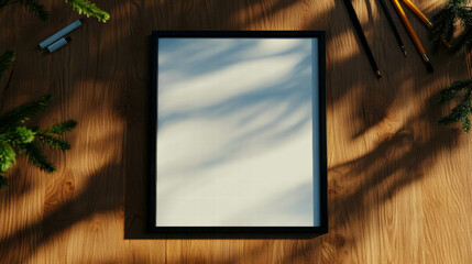 Poster - Minimalist black metal frame on wooden table with shadow patterns