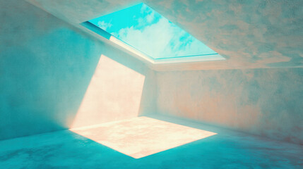 Poster - Sunlight streaming through attic window onto concrete wall for modern interior design