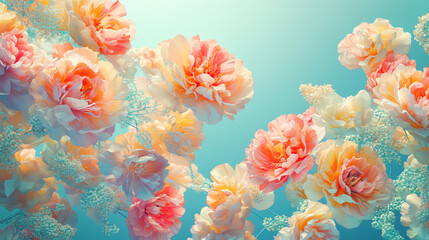 Poster - Close-up of peach and pale yellow flower blossoms against a teal background, creating a soft and airy aesthetic, symbolizing springtime, serenity, and floral beauty, ideal for feminine designs