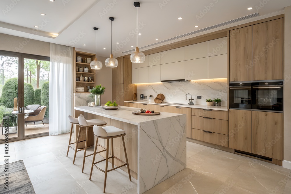 Modern minimalist kitchen with wooden cabinets and light marble island ...