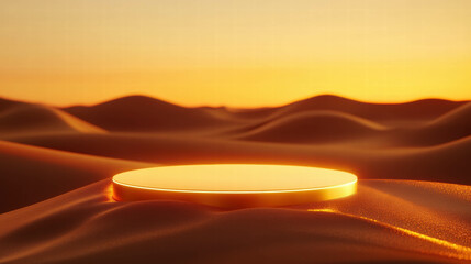 Poster - Elegant gold podium on smooth desert dunes in sunset glow