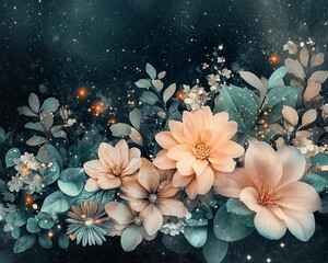 Aufkleber - Peach and teal flowers, leaves, and glowing dust particles create a dreamy, enchanted garden scene, showcasing a romantic and elegant mood ideal for various design applications