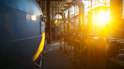 Poster - Industrial boiler equipment in warm sunlight Generative AI