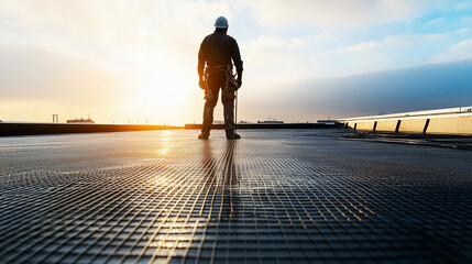 Poster - Worker applying reinforced plastic mesh on rooftop at sunset Generative AI