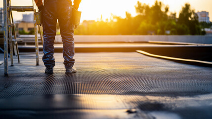 Aufkleber - Worker applies reinforced plastic mesh on rooftop at sunset Generative AI
