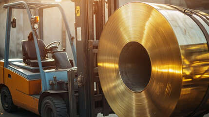 Aufkleber - Forklift transporting large brass steel roll in industrial area Generative AI