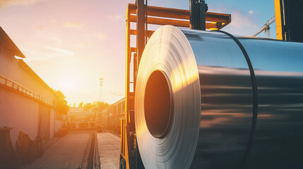 Poster - Carrying a large aluminum steel roll at sunset in the factory yard Generative AI