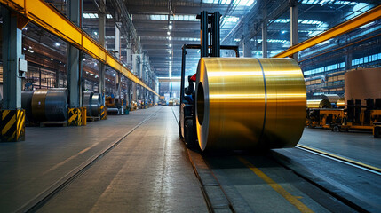 Poster - Carrying a large brass steel roll through the factory Generative AI