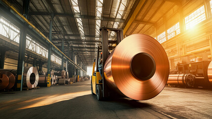 Aufkleber - Carrying large copper steel roll in industrial setting Generative AI