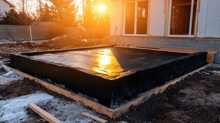 Poster - Foundation laid with black material at sunset in construction site Generative AI