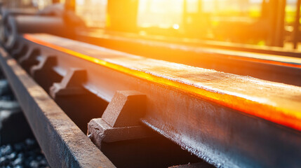 Poster - Steel moving on conveyor belt in warm industrial setting Generative AI