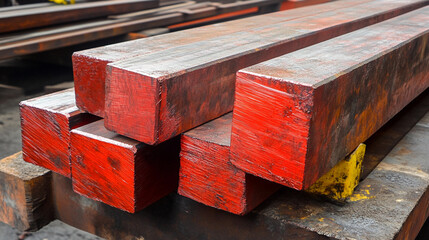 Poster - Red metal blank stacked on work surface in manufacturing area Generative AI