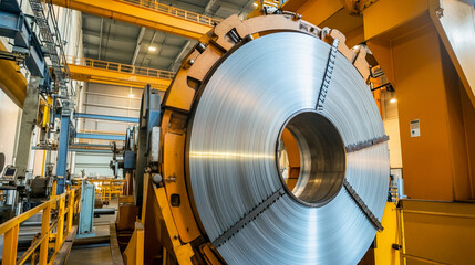 Poster - Aluminum steel rolls being processed in a factory setting Generative AI