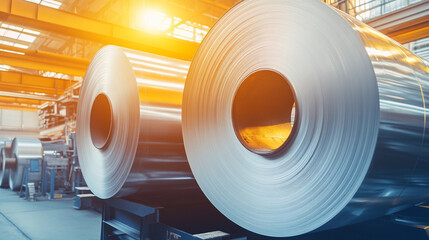 Fototapete - Aluminum steel rolls stacked in a manufacturing facility Generative AI