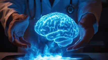 Poster - A doctor presenting a glowing brain hologram as a symbol of medical science and innovation.