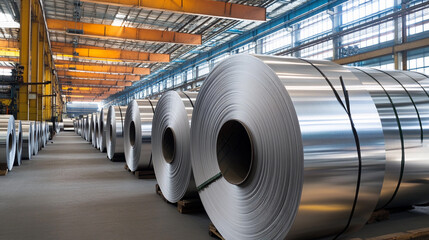 Poster - Rolled aluminum metal sheets stored in factory setting Generative AI