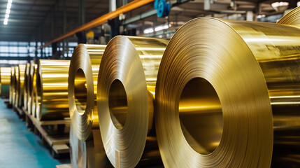 Aufkleber - Rolled brass metal sheets stored in a manufacturing facility Generative AI