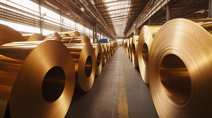 Aufkleber - Rolled brass metal sheets stored in a manufacturing facility Generative AI