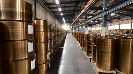 Poster - Storage of rolled bronze metal sheets in an industrial warehouse Generative AI