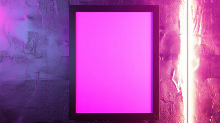 Poster - Modern art display with black frame on textured metallic wall in vibrant neon light