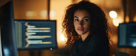 Poster - Young woman with curly hair, focused on computer screens displaying code, in a dimly lit room, showcasing concentration and dedication in tech work